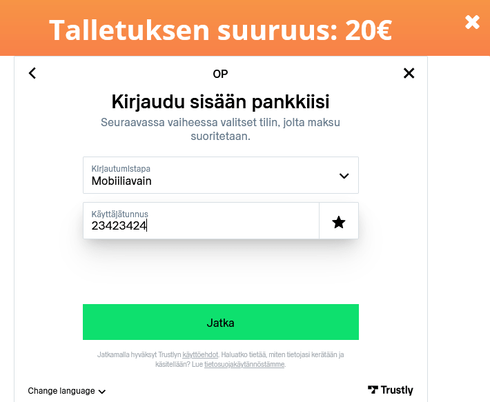 Näin pelaat pikakasinolla - Vaihe 3 Kirjaudu Trustlyyn pankkitunnuksillasi